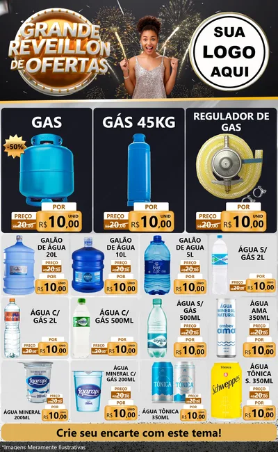 Modelo de Encarte para Encarte Grande com o tema Grande Réveillon de Ofertas para Água e gás
