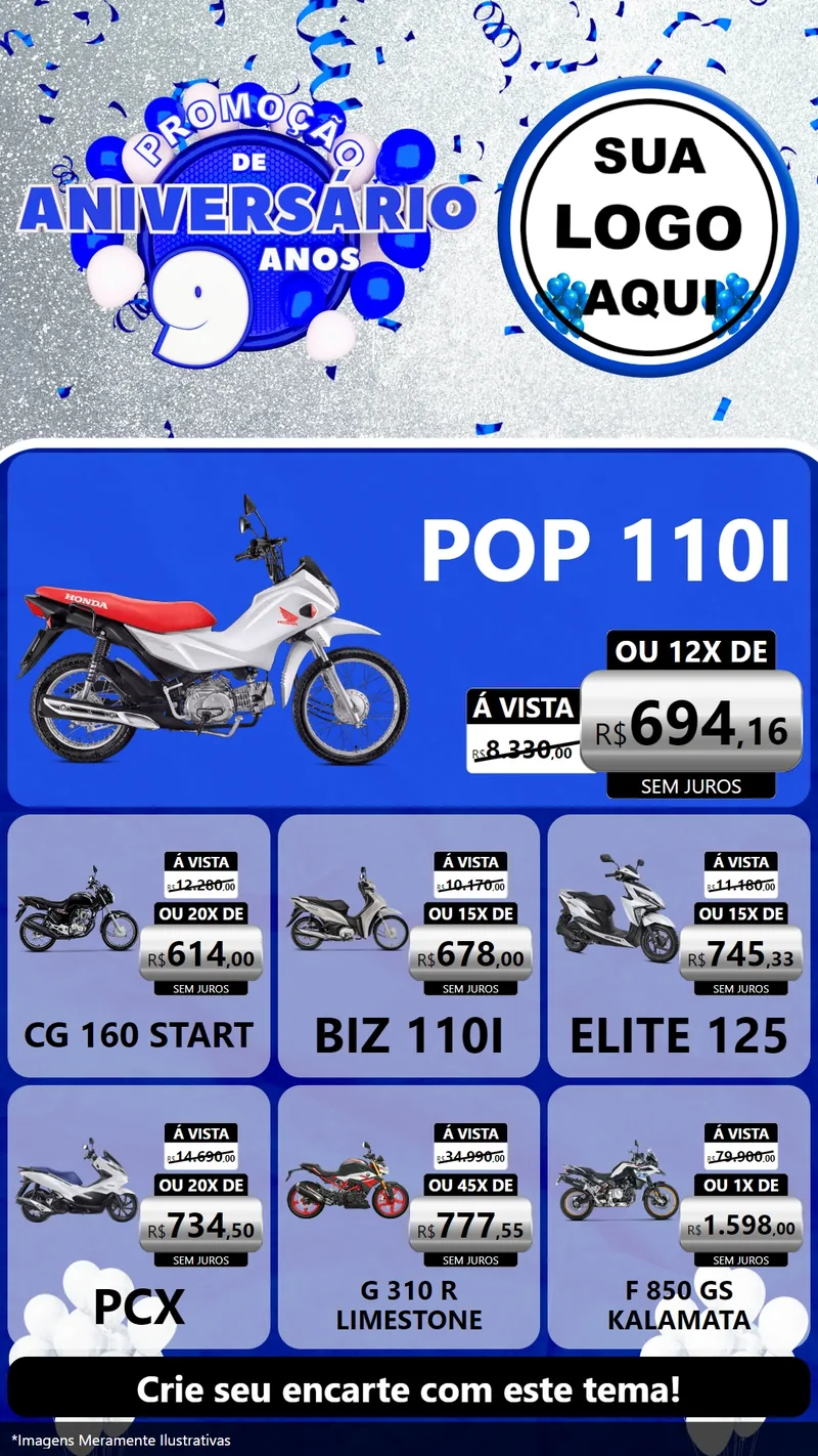 Modelo de Rede Social para Stories com o tema Promoção de Aniversário - 9 Anos para Concessionaria de Motos