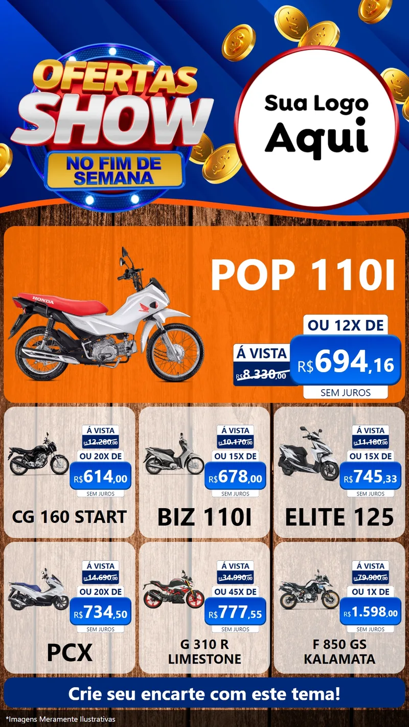 Modelo de Rede Social para Stories com o tema Ofertas Show No Fim De Semana para Concessionaria de Motos
