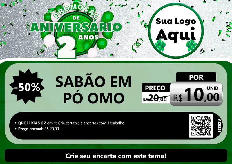 Modelo de Cartaz para Cartaz A4 Horizontal com o tema Promoção de Aniversário - 2 Anos para Produtos de Limpeza