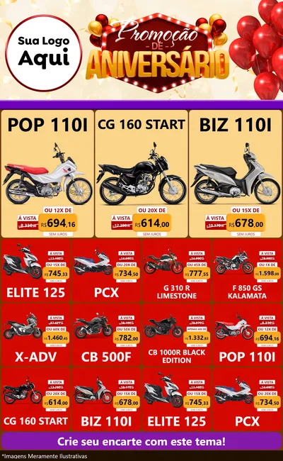 Modelo de Encarte para Encarte Grande com o tema Promoção de Aniversário para Concessionaria de Motos