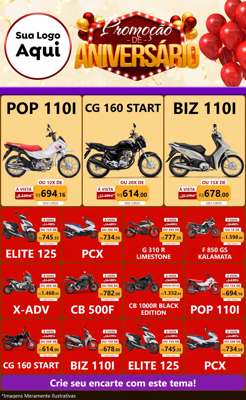 Modelo de Encarte para Encarte Grande com o tema Promoção de Aniversário para Concessionaria de Motos