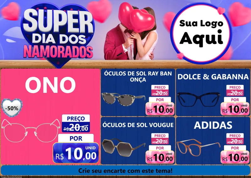 Modelo de Encarte para Encarte A4 Horizontal com o tema Super Dia dos Namorados para Óticas