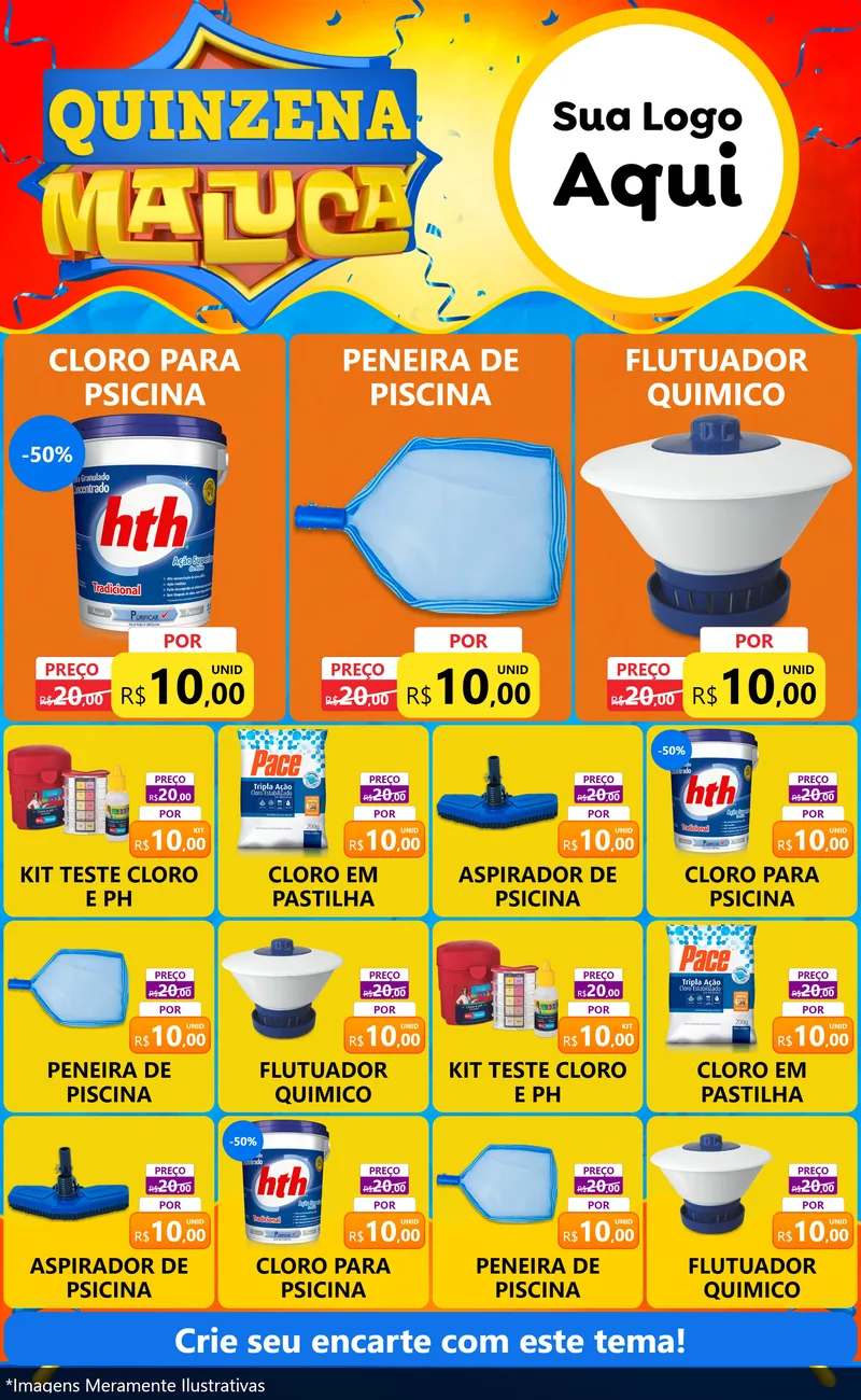 Modelo de Encarte para Encarte Grande com o tema Quinzena Maluca para Produtos para Piscina