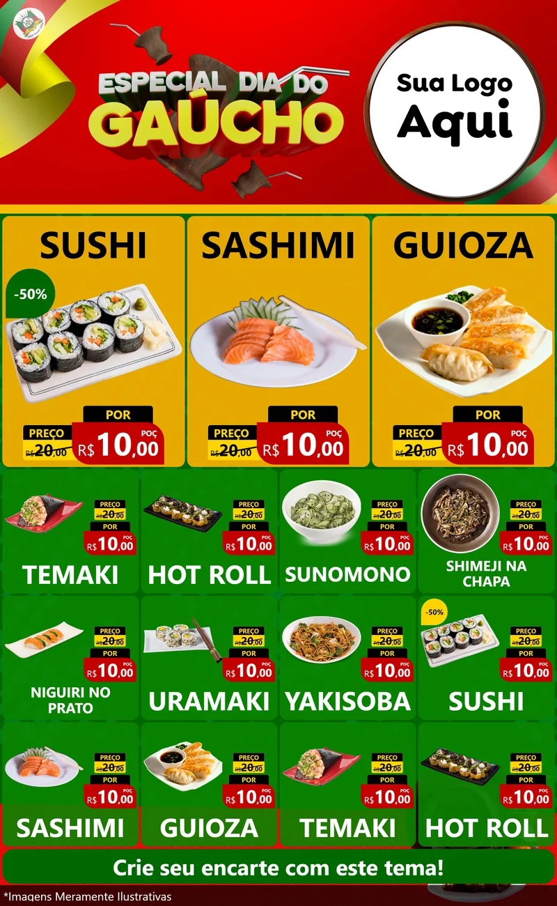 Modelo de Encarte para Encarte Grande com o tema Especial Dia do Gaúcho para Comida japonesa