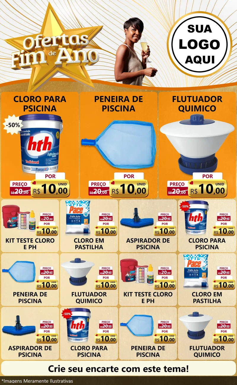 Modelo de Encarte para Encarte Grande com o tema Ofertas Fim de Ano para Produtos para Piscina