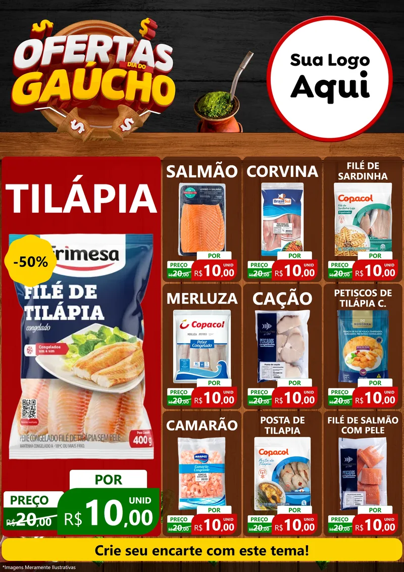 Modelo de Encarte para Encarte A4 Vertical com o tema Ofertas Dia do Gaúcho para Peixaria