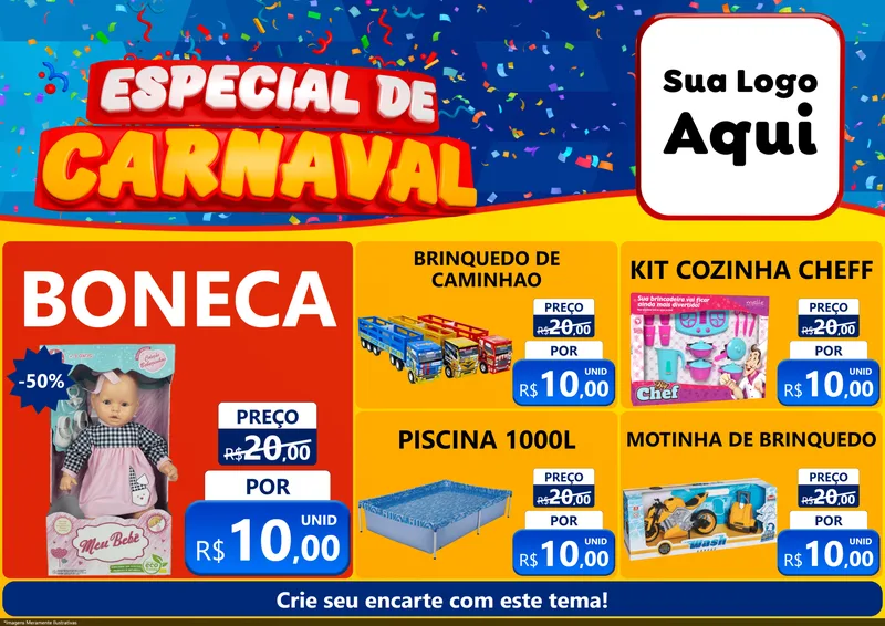 Modelo de Encarte para Encarte A4 Horizontal com o tema Especial de Carnaval para Brinquedos