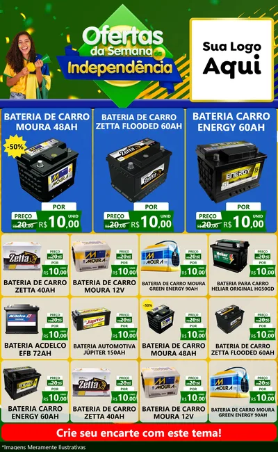 Modelo de Encarte para Encarte Grande com o tema Ofertas da Semana da Independência para Baterias Elétricas