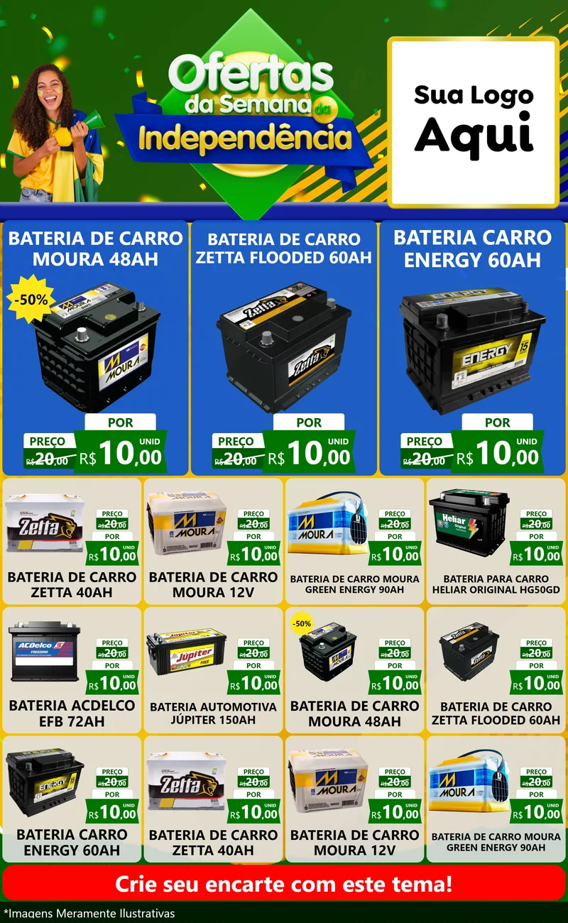 Modelo de Encarte para Encarte Grande com o tema Ofertas da Semana da Independência para Baterias Elétricas