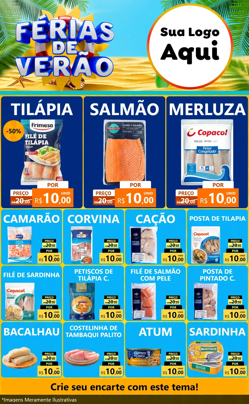 Modelo de Encarte para Encarte Grande com o tema Férias de Verão para Peixaria