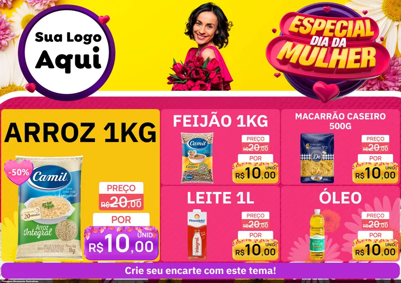 Modelo de Encarte para Encarte A4 Horizontal com o tema Especial Dia da Mulher para Supermercado