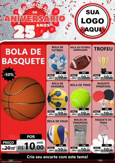 Modelo de Encarte para Encarte A4 Vertical com o tema Promoção de Aniversário - 25Anos para Artigos Esportivos