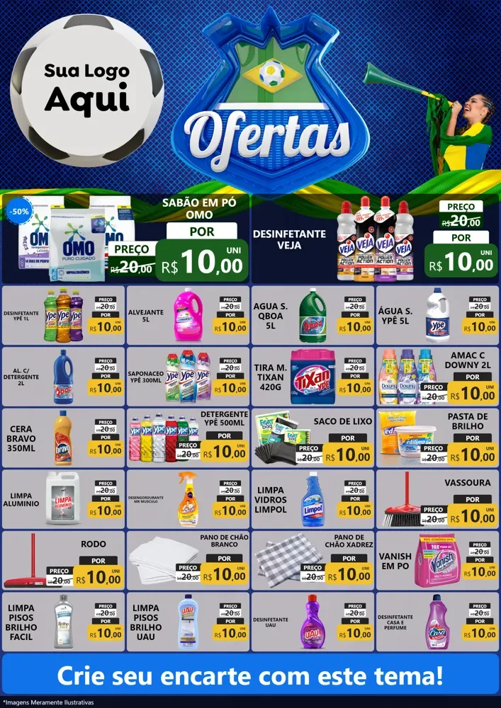 Modelo de Encarte para Encarte A4 Vertical com o tema Ofertas (Futebol) para Produtos de Limpeza