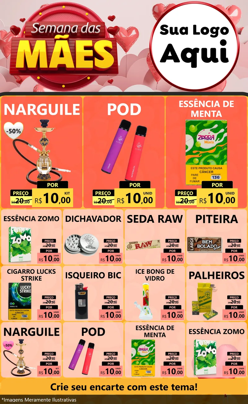 Modelo de Encarte para Encarte Grande com o tema Semana das Mães para Tabacaria