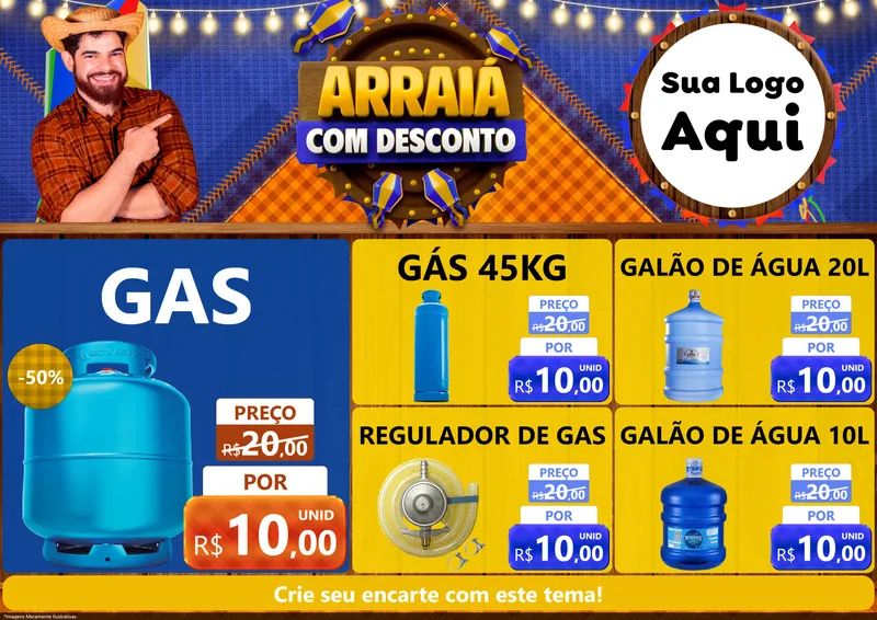 Modelo de Encarte para Encarte A4 Horizontal com o tema Arraiá Com Desconto para Água e gás