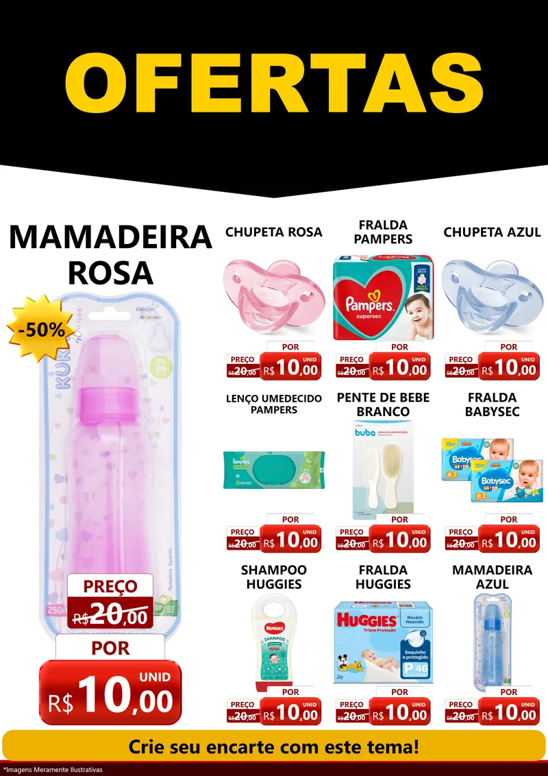 Modelo de Encarte para Encarte A4 Vertical com o tema Ofertas Preto e Vermelho Cartaz para Bebês