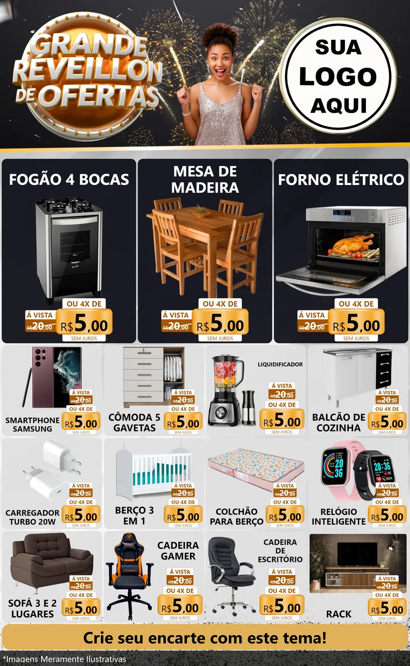 Modelo de Encarte para Encarte Grande com o tema Grande Réveillon de Ofertas para Móveis e Eletro