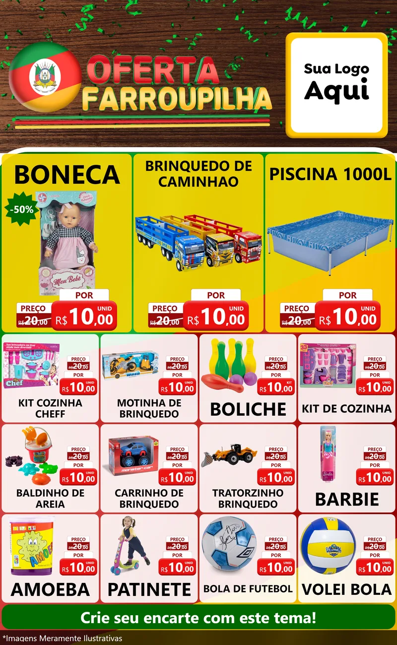 Modelo de Encarte para Encarte Grande com o tema Oferta Farroupilha para Brinquedos
