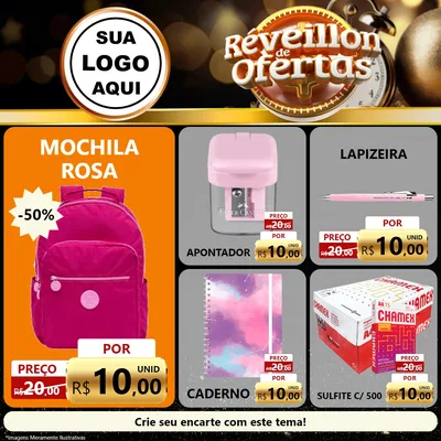 Modelo de Rede Social para Feed Facebook com o tema Réveillon de Ofertas para Papelaria