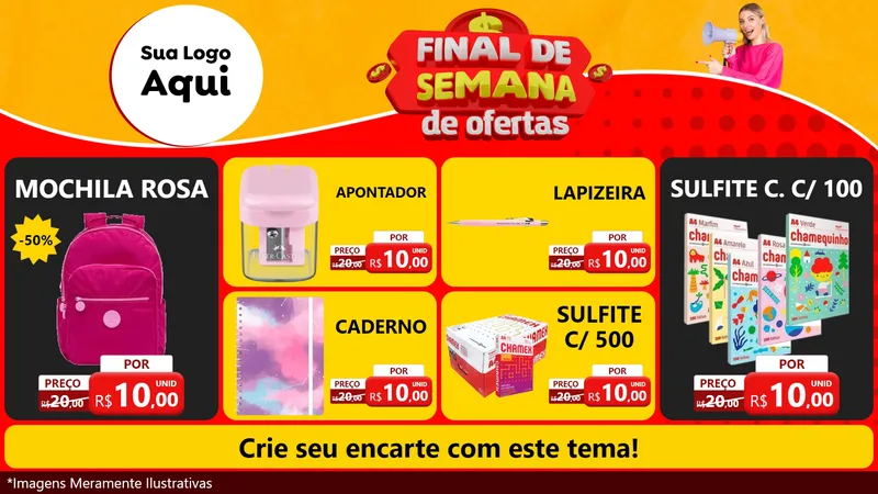 Modelo de TV para TV Horizontal com o tema Final de Semana de Ofertas para Papelaria