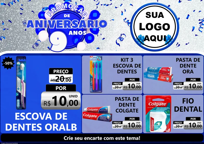 Modelo de Encarte para Encarte A4 Horizontal com o tema Promoção de Aniversário - 9 Anos para Higiene Pessoal