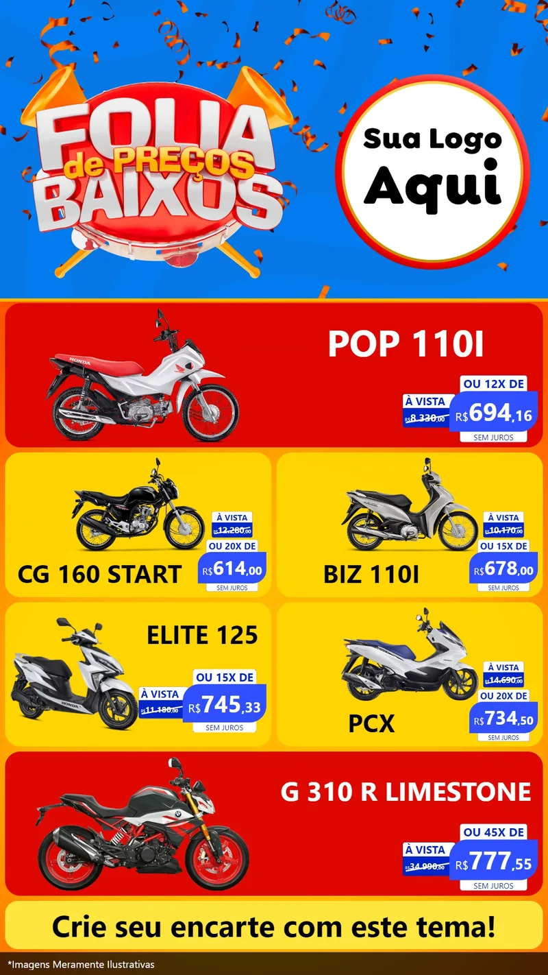 Modelo de TV para TV Vertical com o tema Folia de Preços Baixos para Concessionaria de Motos