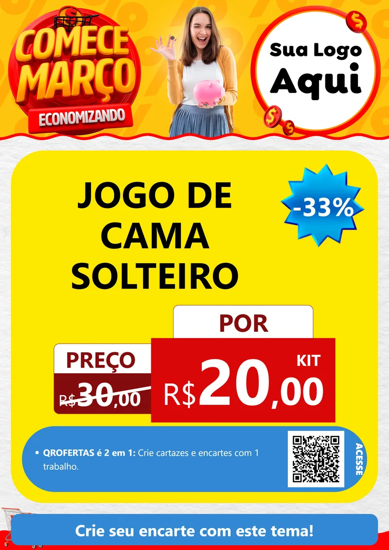 Modelo de Cartaz para Cartaz A4 Vertical com o tema Comece Março Economizando para Cama, Mesa e Banho
