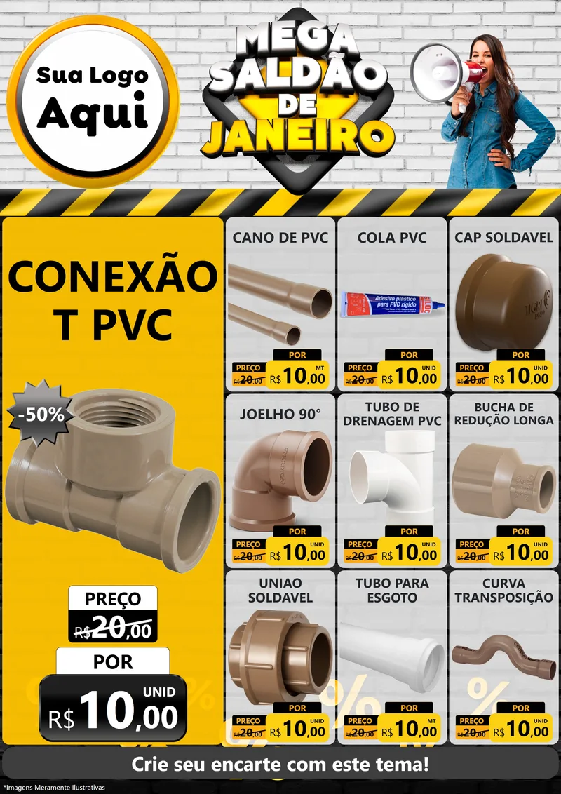 Modelo de Encarte para Encarte A4 Vertical com o tema Mega Saldão de Janeiro para Tubos e conexões