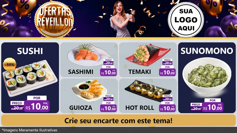 Modelo de TV para TV Horizontal com o tema Ofertas de Réveillon para Comida japonesa