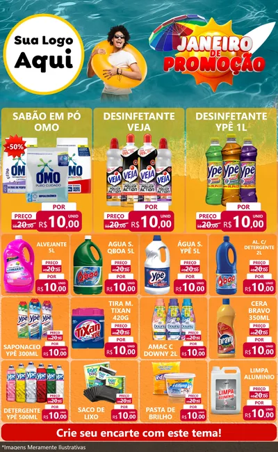 Modelo de Encarte para Encarte Grande com o tema Janeiro de Promoção para Produtos de Limpeza