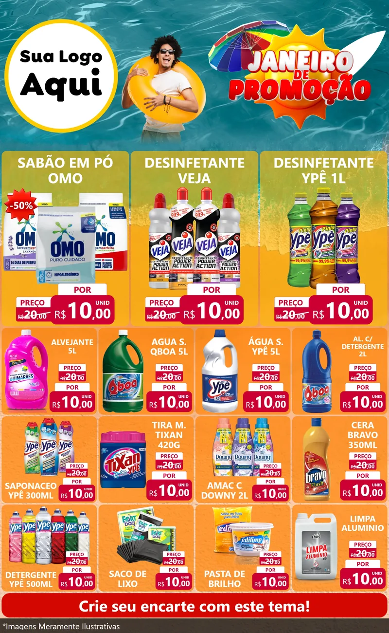 Modelo de Encarte para Encarte Grande com o tema Janeiro de Promoção para Produtos de Limpeza