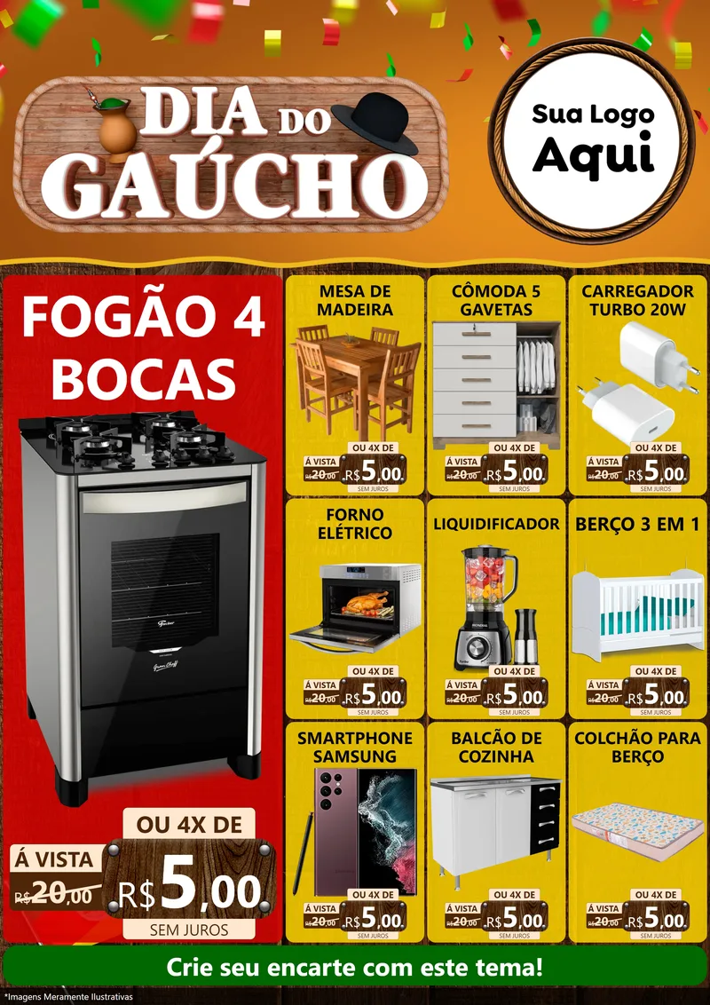 Modelo de Encarte para Encarte A4 Vertical com o tema Dia do Gaúcho para Móveis e Eletro