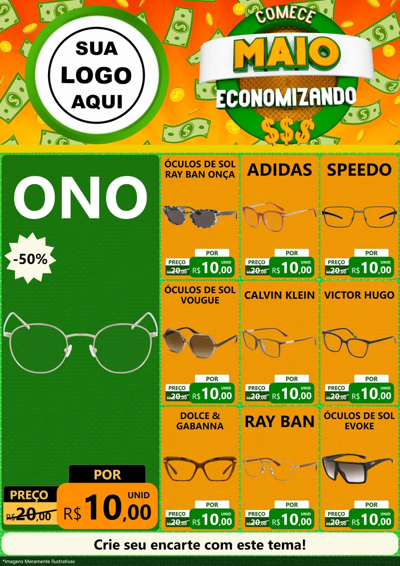 Modelo de Encarte para Encarte A4 Vertical com o tema Comece Maio Economizando para Óticas