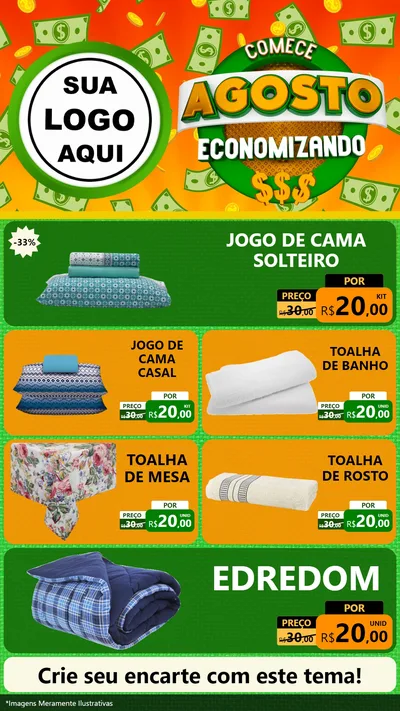 Modelo de TV para TV Vertical com o tema Comece Agosto Economizando para Cama, Mesa e Banho