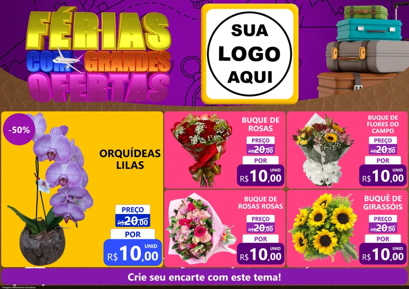 Modelo de Encarte para Encarte A4 Horizontal com o tema Férias com Grandes Ofertas para Floricultura e jardim