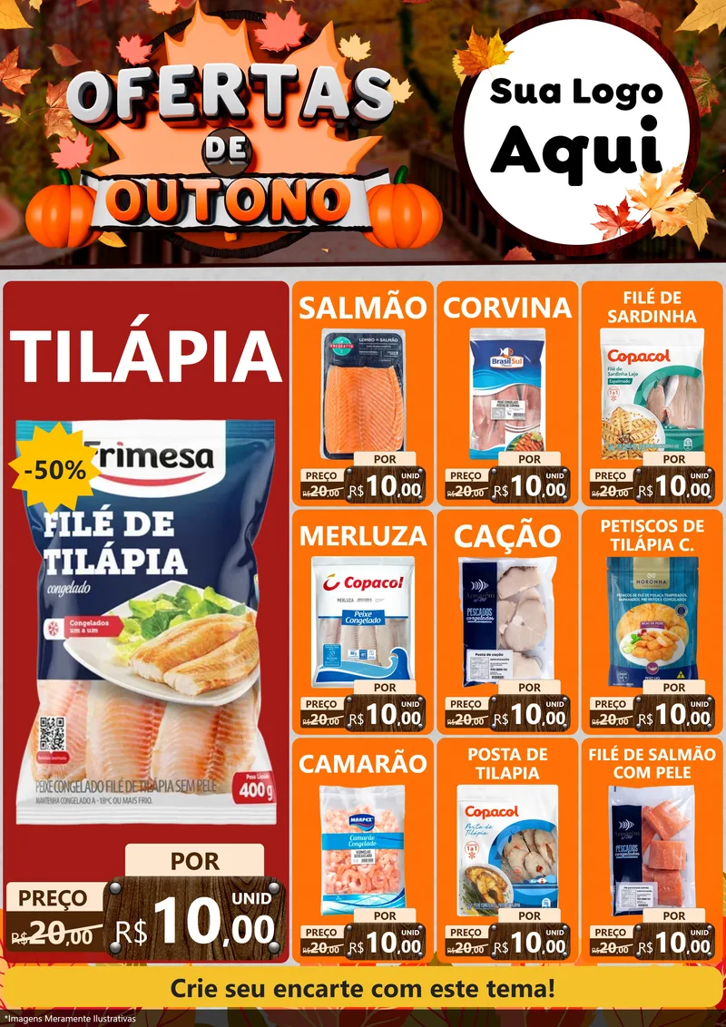 Modelo de Encarte para Encarte A4 Vertical com o tema Ofertas de Outono para Peixaria