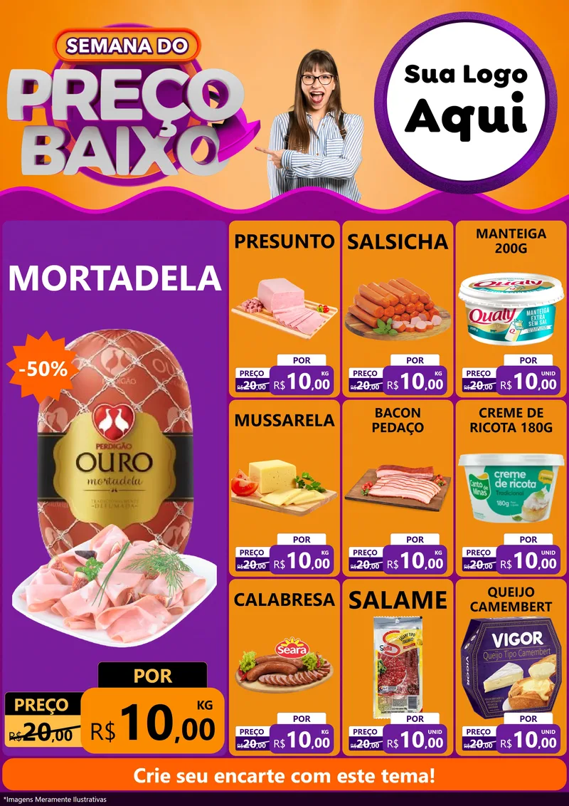 Modelo de Encarte para Encarte A4 Vertical com o tema Semana do Preço Baixo para Frios e Laticínios