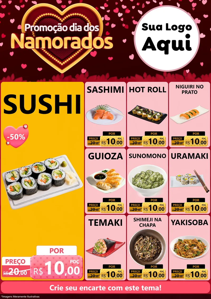 Modelo de Encarte para Encarte A4 Vertical com o tema Promoção Dia Dos Namorados para Comida japonesa