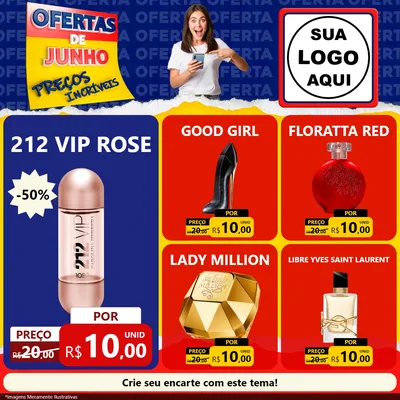 Modelo de Rede Social para Feed Facebook com o tema Ofertas de Junho - Preços Incríveis para Perfumes