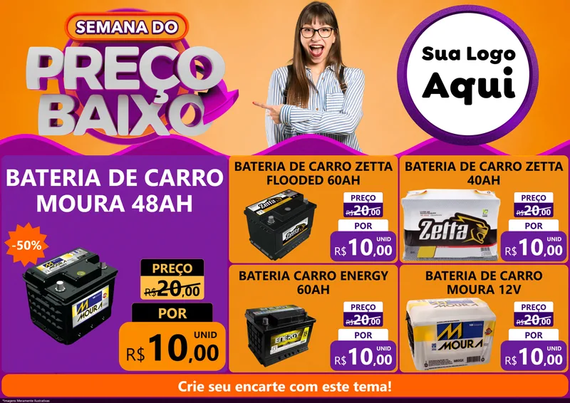 Modelo de Encarte para Encarte A4 Horizontal com o tema Semana do Preço Baixo para Baterias Elétricas