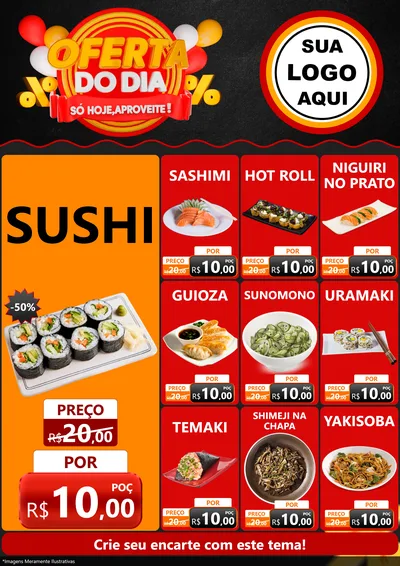Modelo de Encarte para Encarte A4 Vertical com o tema Oferta do Dia - Só hoje, Aproveite! para Comida japonesa
