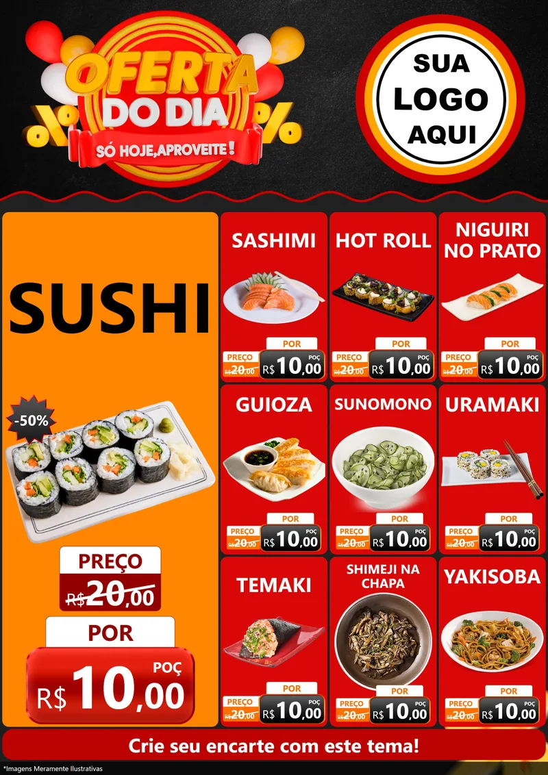 Modelo de Encarte para Encarte A4 Vertical com o tema Oferta do Dia - Só hoje, Aproveite! para Comida japonesa