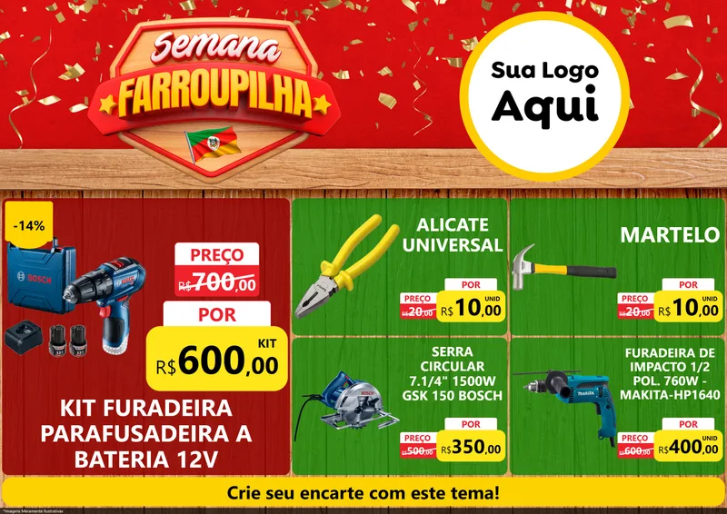 Modelo de Encarte para Encarte A4 Horizontal com o tema Semana Farroupilha para Maquinas e Ferramentas