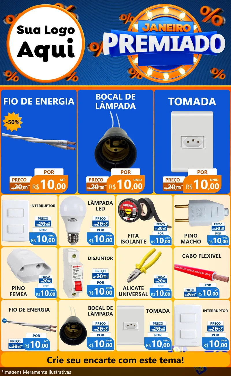Modelo de Encarte para Encarte Grande com o tema Janeiro Premiado para Materiais Elétricos