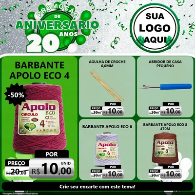 Modelo de Rede Social para Feed Facebook com o tema Promoção de Aniversário - 20 Anos para Armarinho e Aviamentos