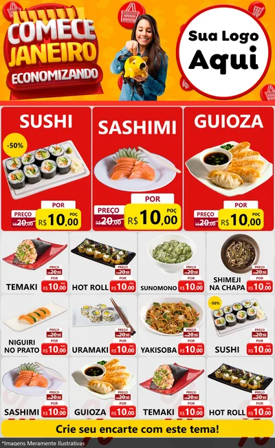 Modelo de Encarte para Encarte Grande com o tema Comece Janeiro Economizando para Comida japonesa