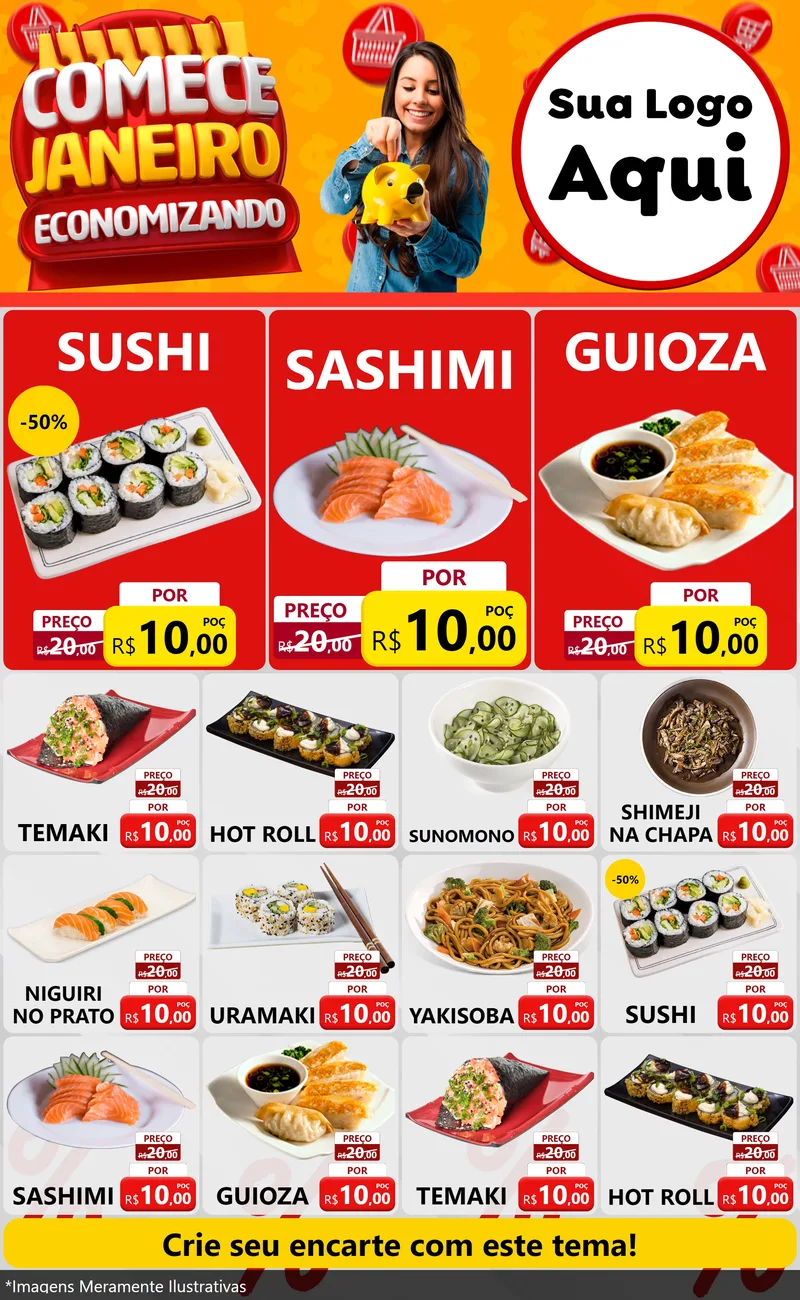 Modelo de Encarte para Encarte Grande com o tema Comece Janeiro Economizando para Comida japonesa