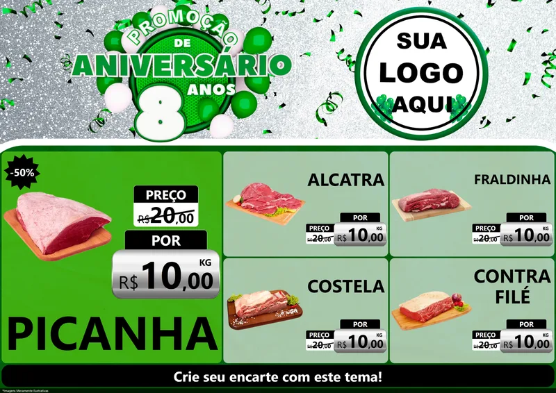 Modelo de Encarte para Encarte A4 Horizontal com o tema Promoção de Aniversário - 8 Anos para Açougue