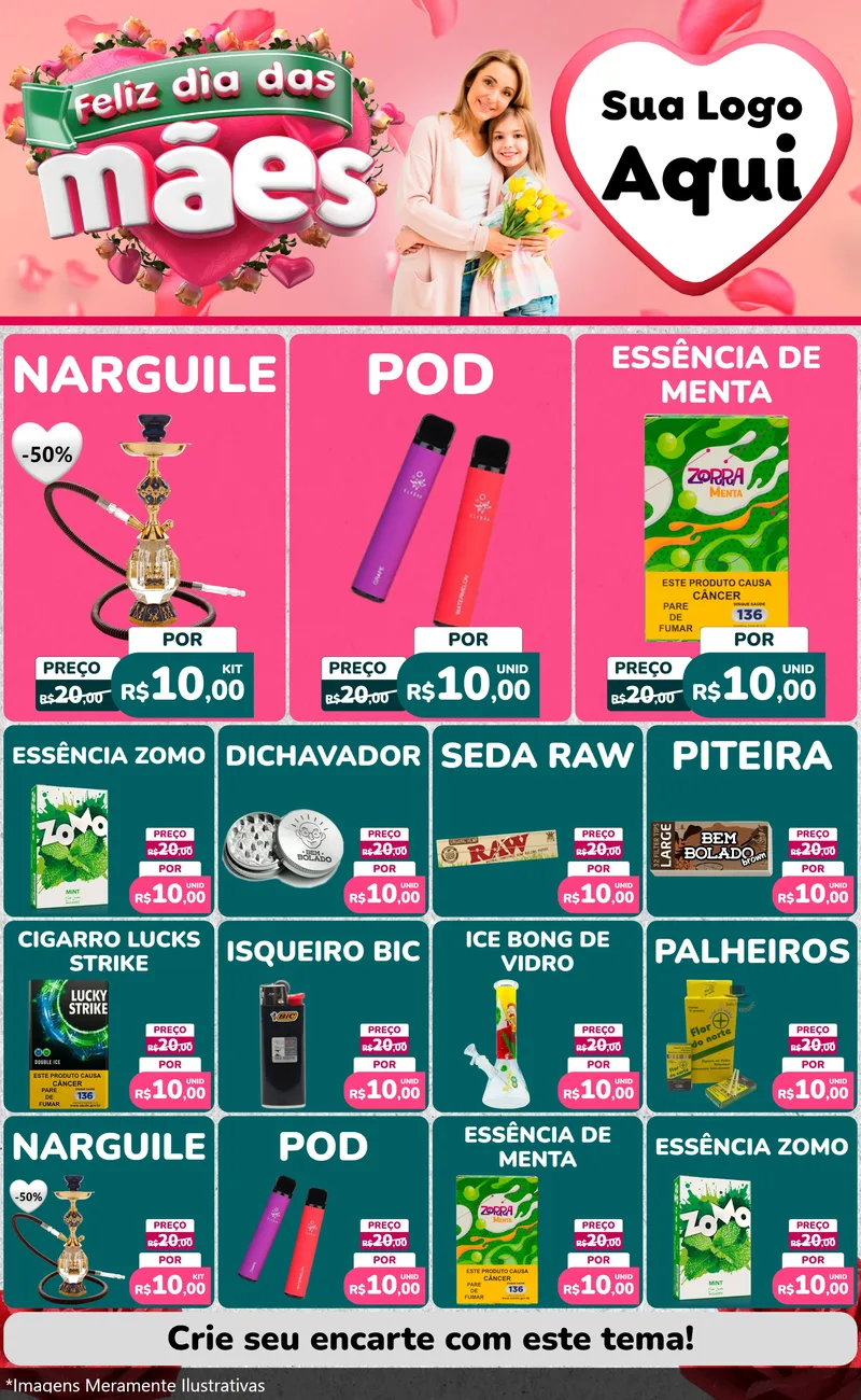 Modelo de Encarte para Encarte Grande com o tema Feliz Dia das Mães para Tabacaria